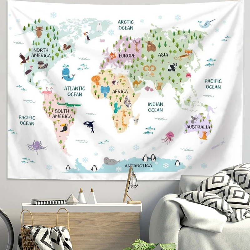Cartoon World Map Animal Tapes - Kids Education Background ulasan dan harga